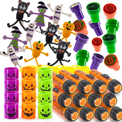 FAVONIR Halloween Party Favor Supplies Stuffers 48 PCs Goody Bag Assortment, Flash Lights Self-Ink Stampers, Bendable Characters