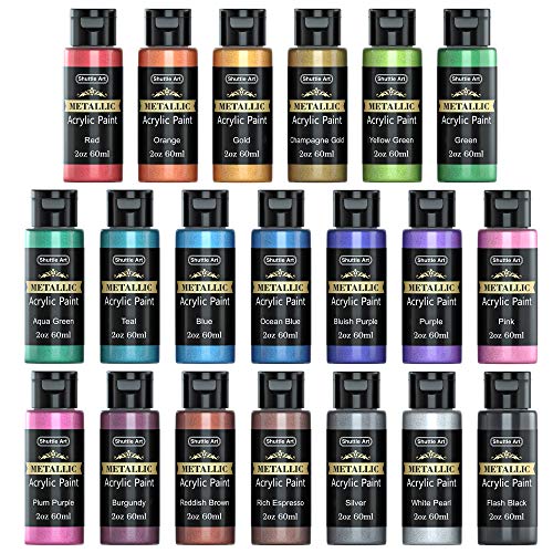 Shuttle Art Metallic Acrylic Paint Set, Shuttle Art 20 Colors Metallic Paint in Bottles (60ml, 2oz) with 3 Brushes and 1 Palette, Rich Pigme