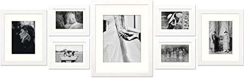 Frametory, Gallery Wall Frame Set of 7 Multiple Sizes 11x14, 8x10, 5x7 Picture Frame Collage with Ivory Color Mat for Prints, wi