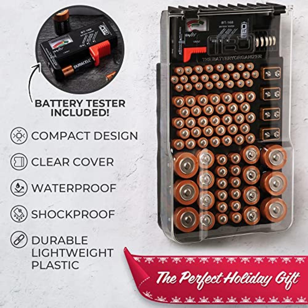 THE BATTERY ORGANISE The Battery Organizer and Tester with Cover, Battery Storage Case, Holds 93 Batteries of Various Sizes, Battery Holder for Organ