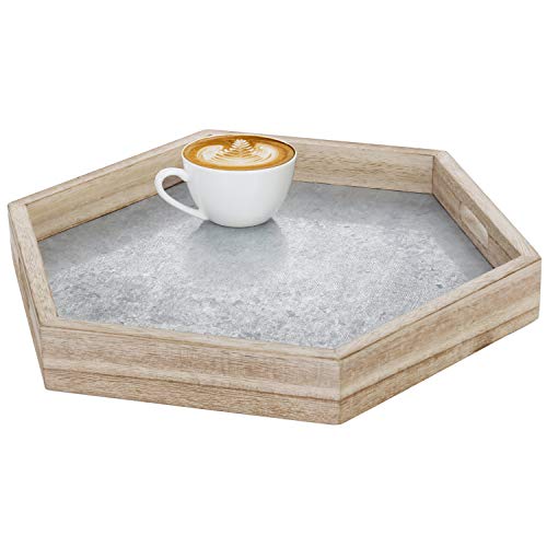 MyGift 15-Inch Galvanized Metal Large Serving Tray with Handles, Hexagonal Vintage Wood Decorative Tray