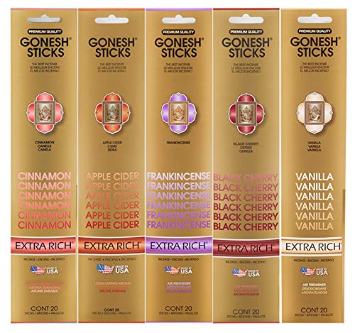 Gonesh Extra Rich Co Gonesh Incense Extra Rich Collection Variety Pack, 5 Packs, 20 Sticks Each (Cinnamon, Apple Cider, Frankincense, Black Cherry, V