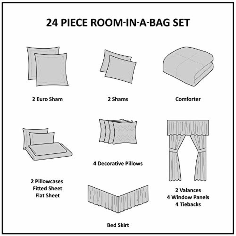 Madison Park Essentials 24-Piece Room In A Bag Comforter Set-Satin Jacquard, All Season Luxury Bedding, Sheets, decorative pillo