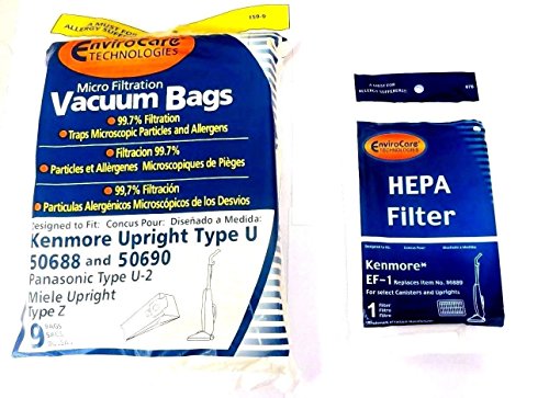 EnviroCare Replacement Vacuum Bags designed to fit Kenmore Uprights 50688 and 50690, Panasonic Type U-2 Uprights 9 Bags and 1 EF
