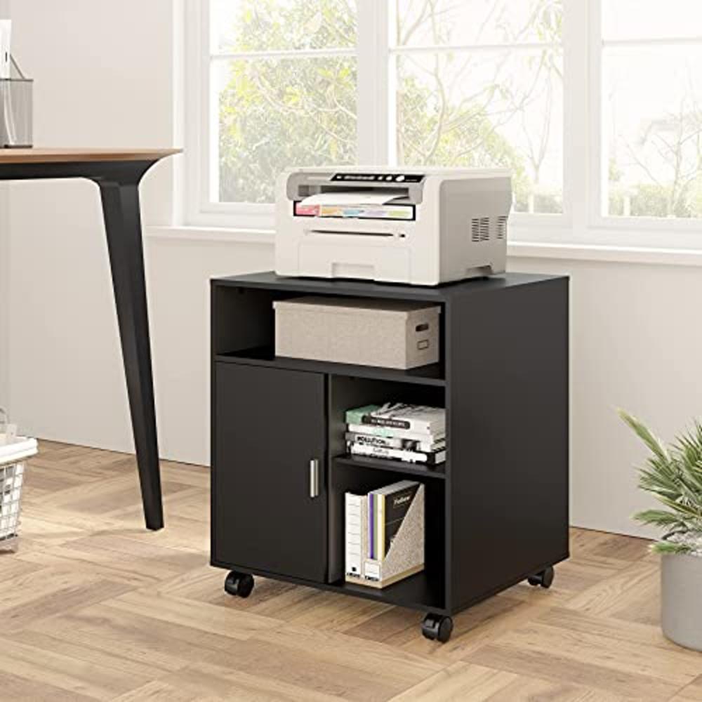 FITUEYES Printer Stand with Storage Adjustable Shelves, Wood Mobile Cart with Door, Rolling File Cabinet on Wheels for Home Offi