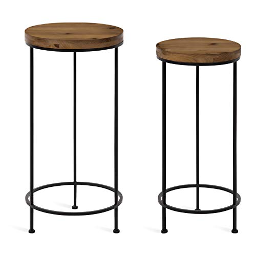 Kate and Laurel Espada Rustic Round End Table, Set of 2, Rustic Wood and Black Metal Frame, Farmhouse-Inspired Home Accent