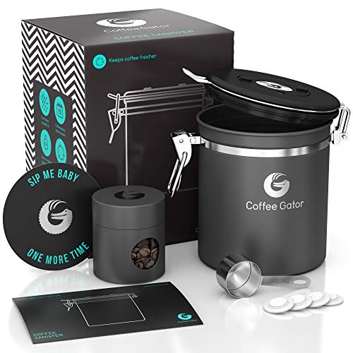 Coffee Gator Coffee Canister ? 6? Stainless Steel Airtight Coffee Containers for Ground Coffee w/ Date Tracker, Co2-Release Valv