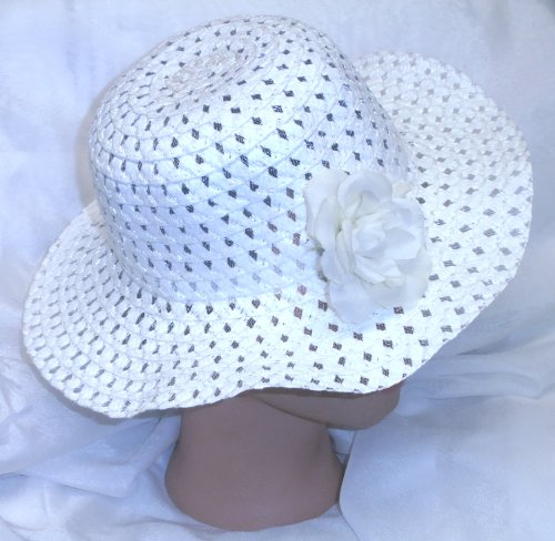 Design R Kidz White Spring Hat Easter Hat w/White Rose Flower Tea Party Pageant