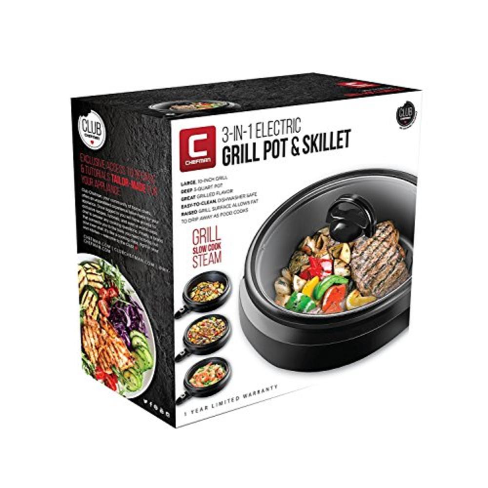 Chefman 3-In-1 Electric Indoor Grill Pot & Skillet, Slow Cook, Steam, Simmer, Stir Fry, 10-Inch Nonstick Raised Line Griddle Pan