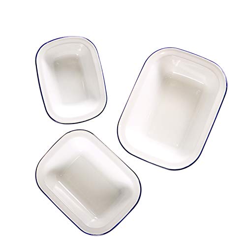 Webake Enamelware Roasting Pan 3 Pack Enameled Steel Oblong Pie Pan Pie Dish Roaster Pan Food Containers, Solid White with Blue