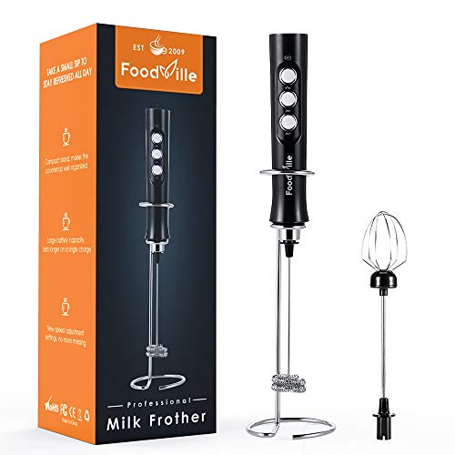 FoodVille MF02 Rechargeable Milk Frother Handheld Foam Maker with Stainless Whisk for Cappuccino, Latte, Bulletproof Coffee, Ket