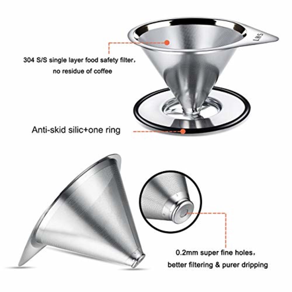 LHS Pour Over Coffee Dripper Stainless Steel LHS Slow Drip Coffee Filter Metal Cone Paperless Reusable Single Cup Coffee Maker 1-2 C