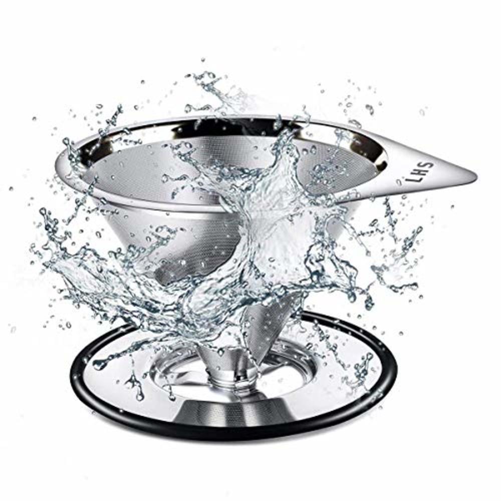 LHS Pour Over Coffee Dripper Stainless Steel LHS Slow Drip Coffee Filter Metal Cone Paperless Reusable Single Cup Coffee Maker 1-2 C