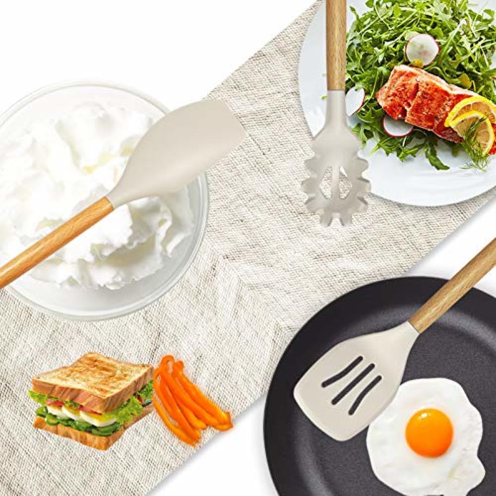 oannao 14 Pcs Silicone Cooking Utensils Kitchen Utensil Set - 446°F Heat  Resistant,Turner Tongs,Spatula,Spoon,Brush,Whisk. Wooden Handl
