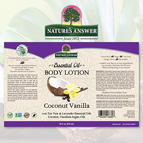 Natures Answer Coconut Vanilla Body Lotion With Pump, Pure Essential Oil, All Natural, Vegan, Gluten Free, Non GMO 16 FL Oz | Fo