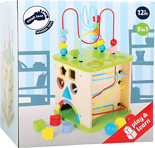 Small Foot Wooden Toys 5-in-1 Activity Cube & Play Center 10" Including A Shape Game, Counting, Gears, Block Track & 3 Different