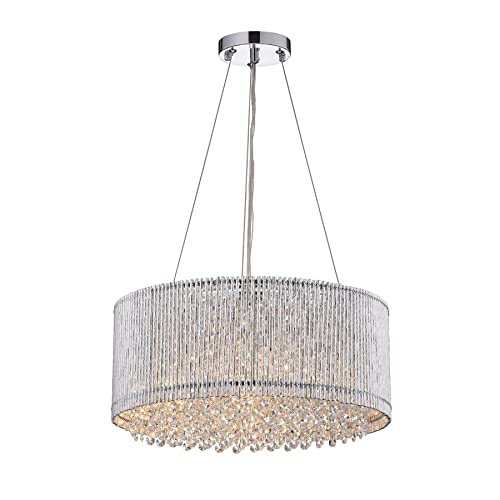 Edvivi Pamina 4-Light Chrome Tube Round Drum Shade Pendant Chandelier with Hanging Crystals | Glam Lighting
