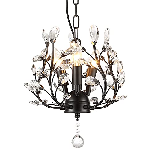 SEOL-Light Farmhouse Crystal Branch Chandelier Pendant Hanging Lighting Fixture Small Size Flush Mount 120W with 3 Socket Black