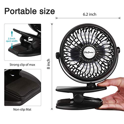 SkyGenius Battery Operated Clip on Mini Desk Fan, Black