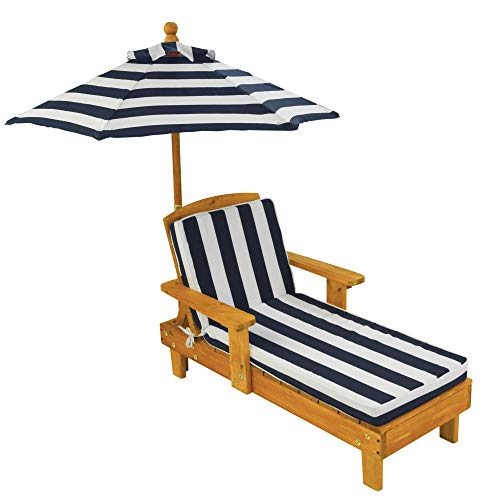 KidKraft Outdoor Wooden Chaise Lounge, Childrens Backyard Furniture Chair with Umbrella and Cushion, Navy and White Striped Fabr