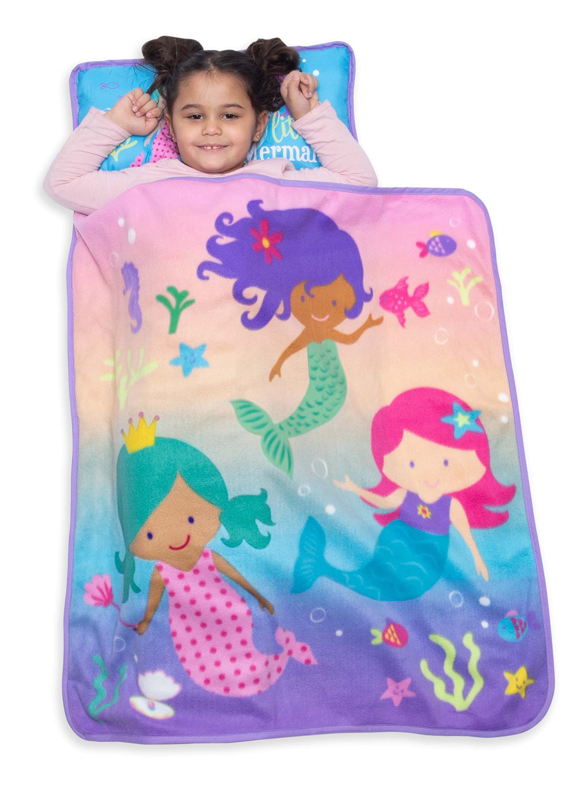 Baby Boom Funhouse Mermaid Kids Nap Mat Set - Includes Pillow and Fleece Blanket - great for girls Napping During Daycare, Presc