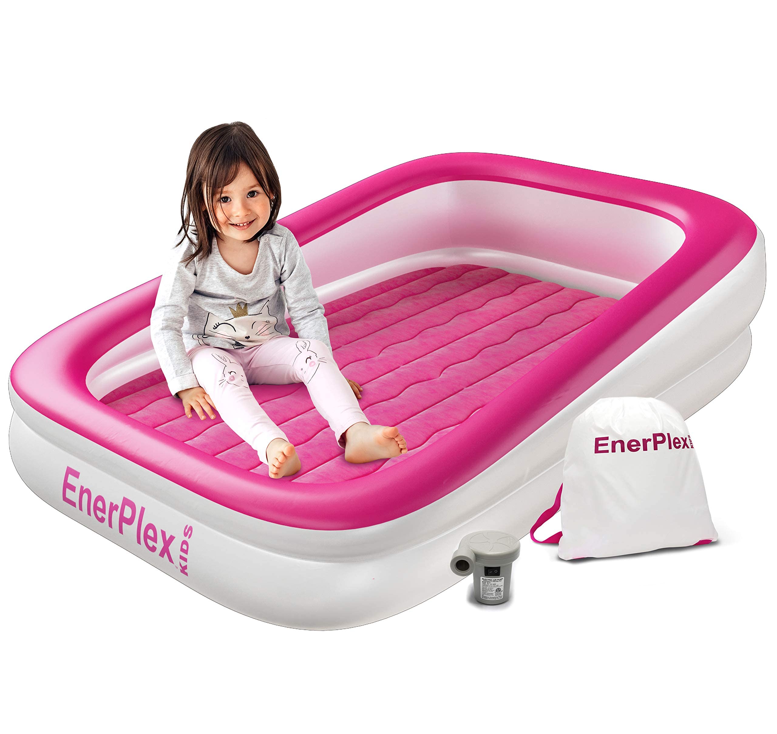 EnerPlex Kids Inflatable Travel Bed with High Speed Pump, Portable Air Mattress for Kids on The go, Blow up Toddler Travel Bed w