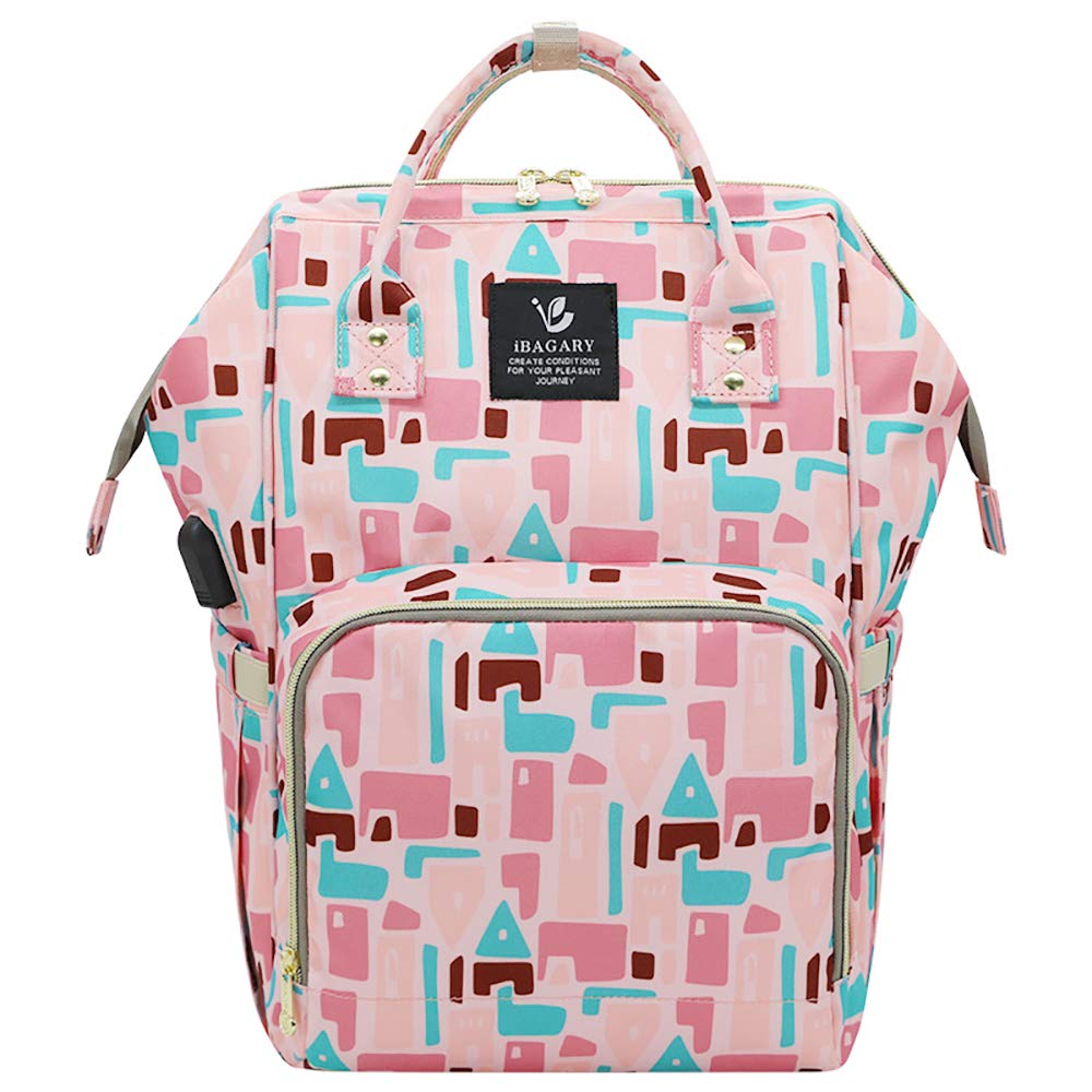 Essfeeni Pink Diaper Bag Wide Open Big Diaper Bag for girls Travel USB Diaper Bag Backpack for Dad (geometric Patterns)