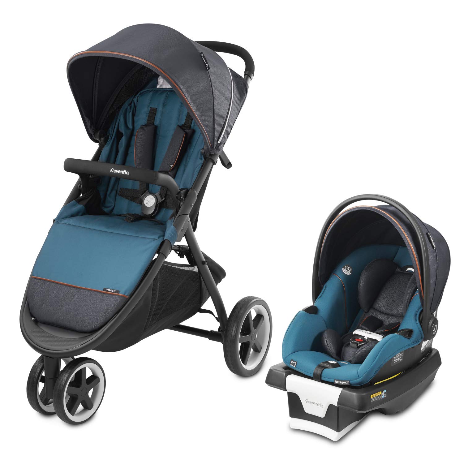 Evenflo gold, Sensorsafe Verge3 Smart Travel System, Includes SecureMax Smart Infant car Seat, 3-Wheel Jogging Stroller, SensorS