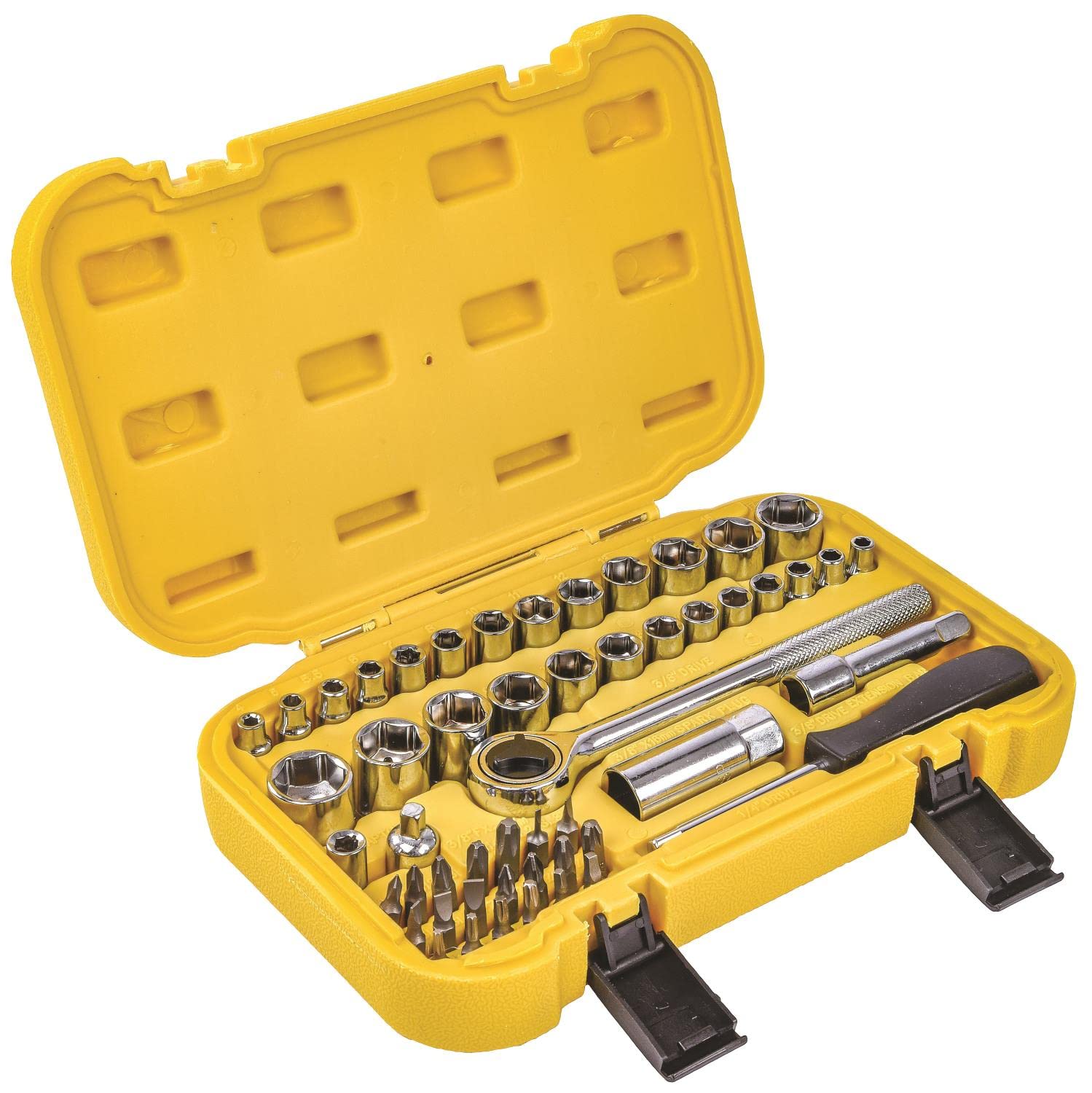 jegs 52-piece sae/metric socket set | for 3/8 and 1/4 inch drive | chrome vanadium steel | 6-point sockets | yellow plastic s