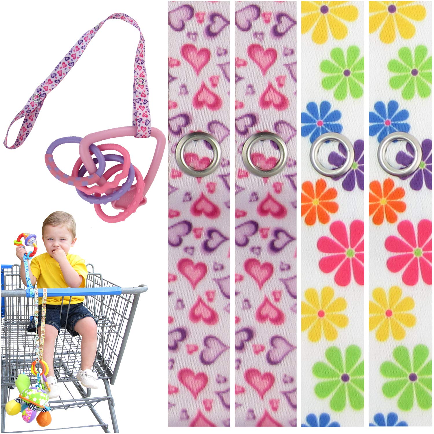 PBnJ baby Toy Saver Strap Holder Leash Secure Accessories FlowerHearts - 4pc