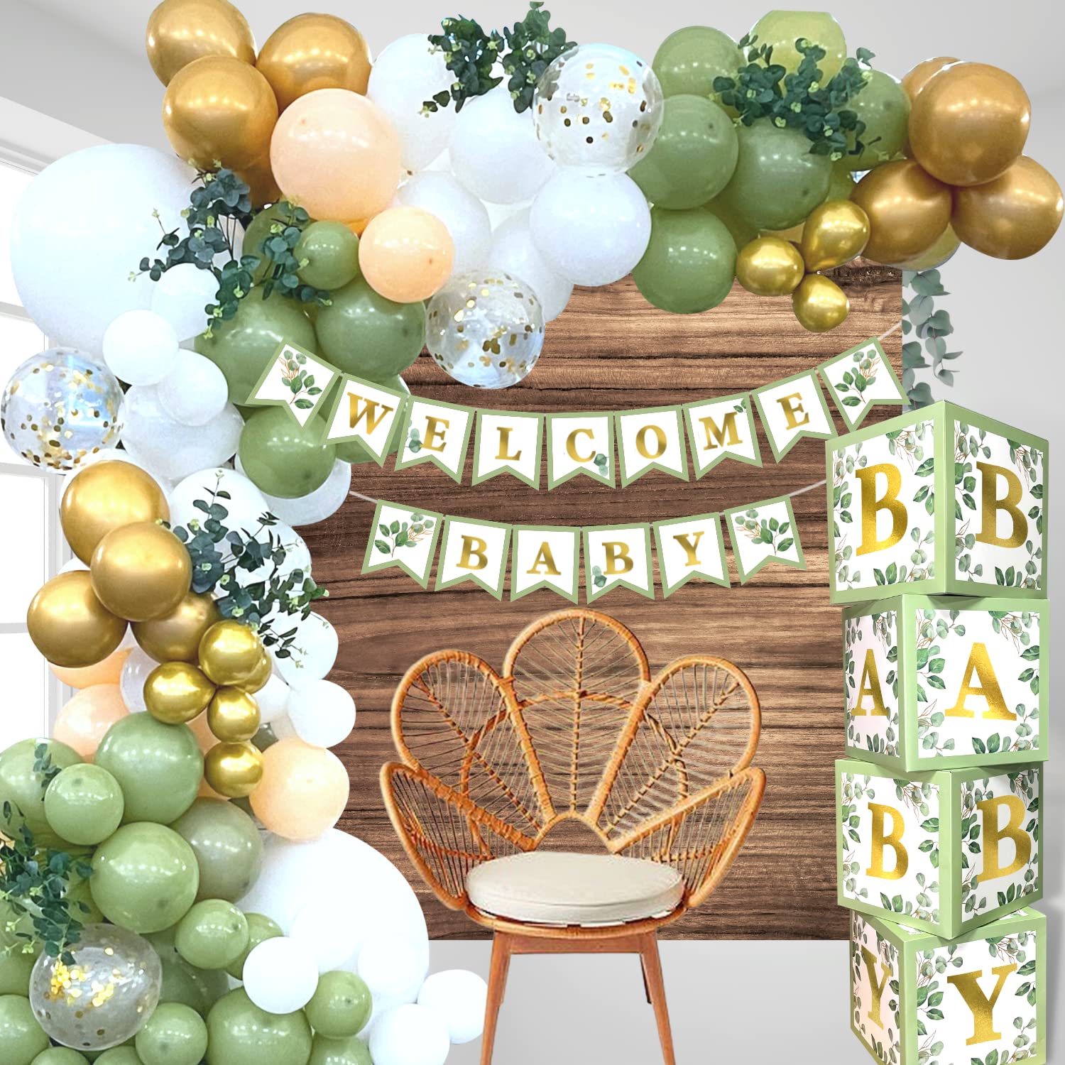 RainMeadow Premium Sage green Baby Shower Decorations, gender Neutral Mint Balloons garland and BABY Boxes, Welcome Baby Banner, Olive gree