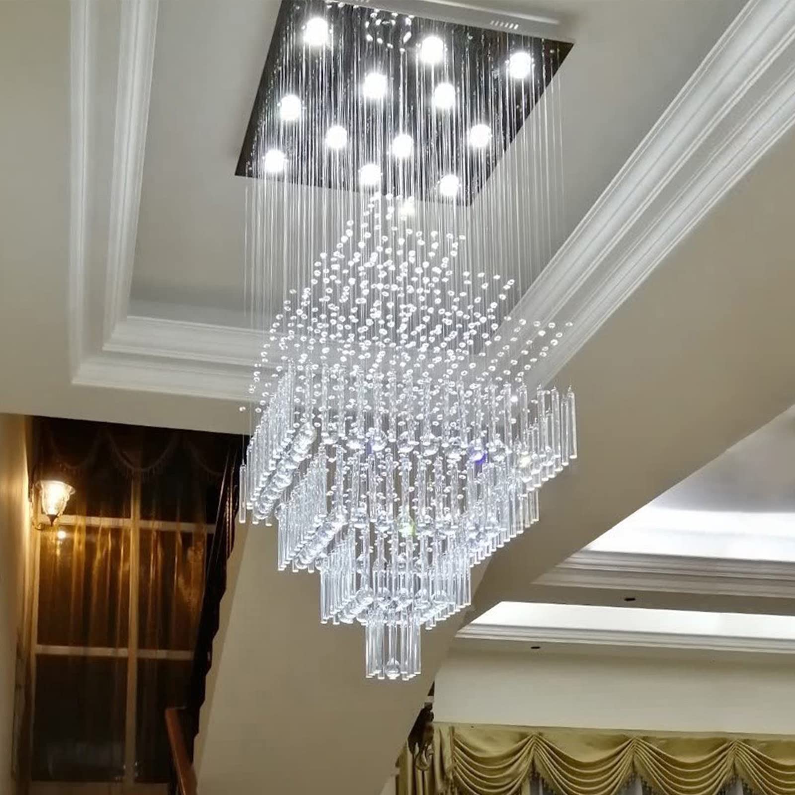 7PM Foyer chandeliers Entryway High ceiling, 12-Light Square Raindrop crystal chandeliers, Flush Mount ceiling Light Fixtures, D