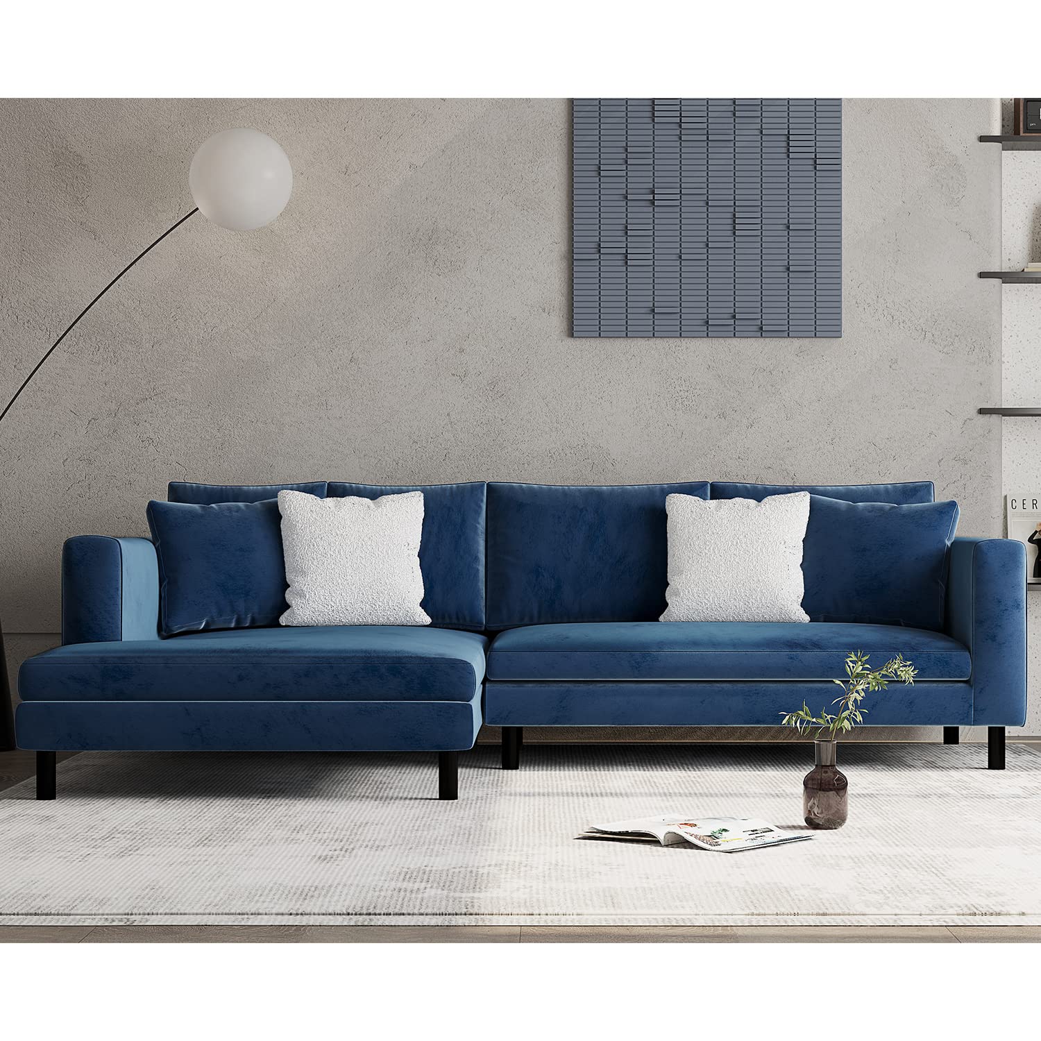 Acanva Modern L-Shaped Large Sofa with Soft Velvet Fabric, Extra Wide chaise Lounge couch for Living Room, Dark Blue