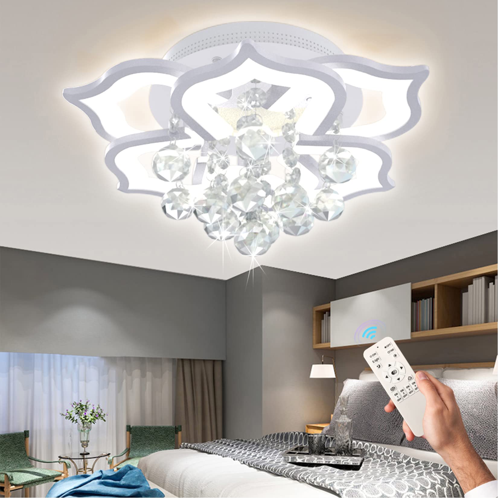 ahawill modern ceiling light,crystal flush mount led chandelier ceiling flower lamp with remote controlfor living room,bedroo