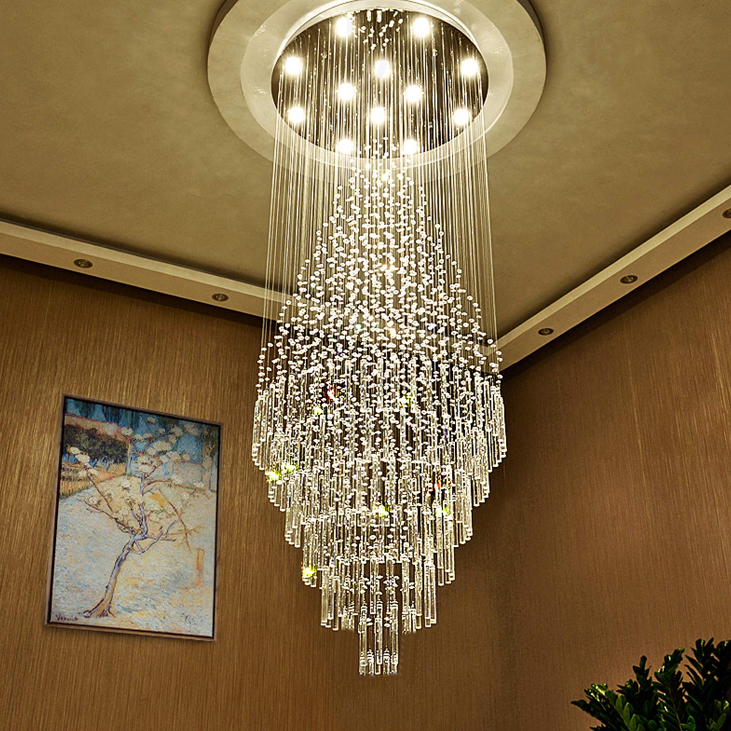 CRYSTOP Luxury Large Foyer chandelier, Modern 12-Lights crystal Round Raindrop chandelier Flush Mount ceiling Light Fixture chrome Light