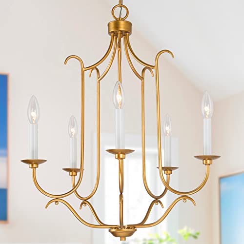 Durent Lighting Antique gold French country chandelier for Dining Living Room, 5-Light Brass chandelier Retro Light Fixture cand