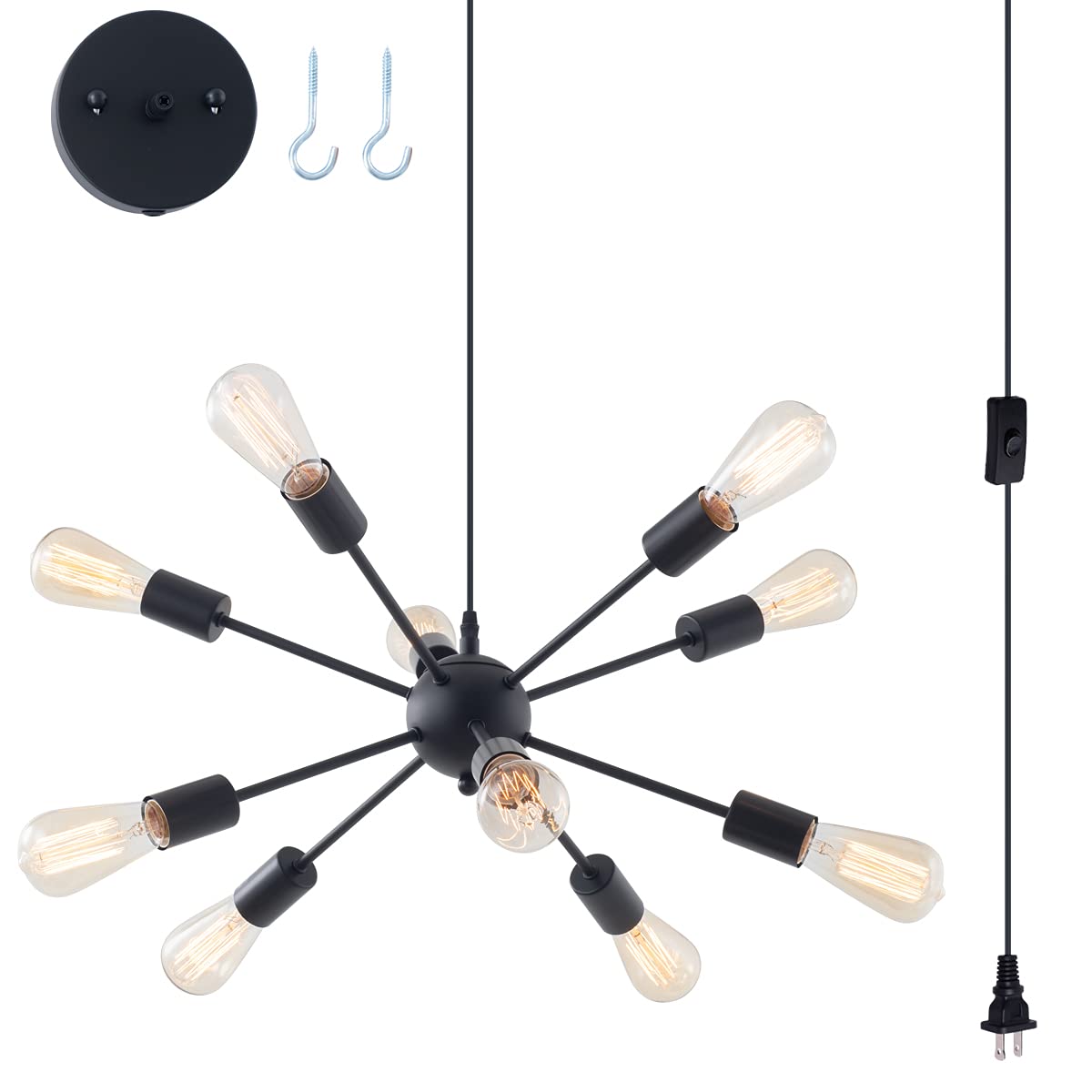 Elyccupa Plug in Sputnik chandelier 10-Lights Pendant Light with 164 ft cord OnOff Switch Mid century Modern Industrial Hanging
