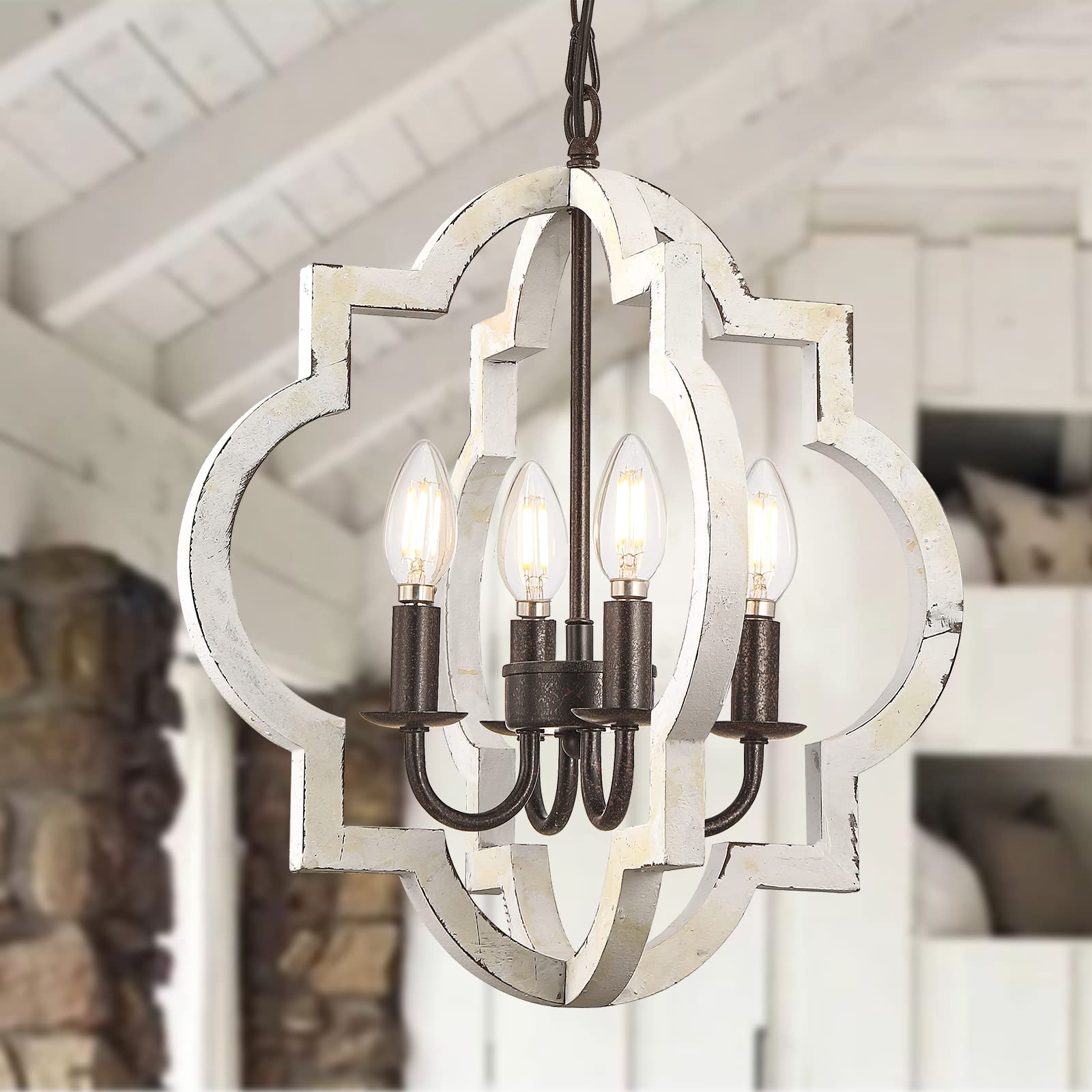 Fabulis 4-Light Farmhouse Orb chandelier, Hand-Painted Distressed Wood Hanging Island Light Fixture for Dining Foyer Entryway Li