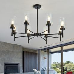 FgSADI Black 8-Light Large Modern chandelier,clear glass Metal ceiling Light Fixture,Farmhouse Pendant Hanging for Kitchen Dinin