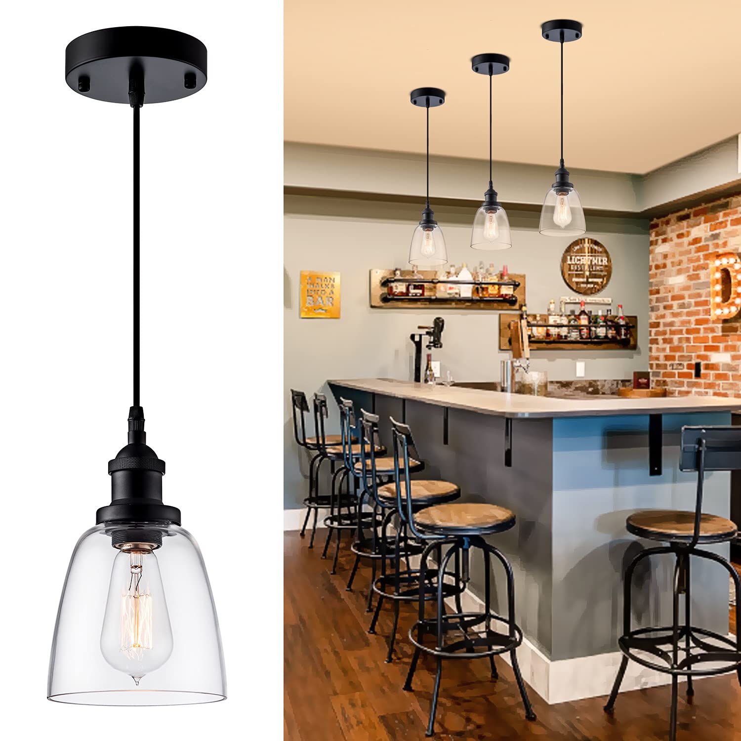 IMPIOIO Industrial Pendant Light Fixture Over Sink Modern clear glass Hanging Lighting Adjustable cord for Kitchen Island Dining