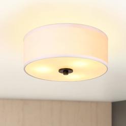 Lodstob 3-Light Flush Mount ceiling Light Fixture, 12A Modern close to ceiling Light with White Fabric Linen Drum Shade, Round P