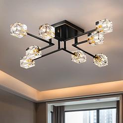 OKES 8-Lights Semi Flush Mount ceiling Light Fixture,Black and gold Modern crystal chandeliers,Farmhouse Lighting Fixtures for Dining