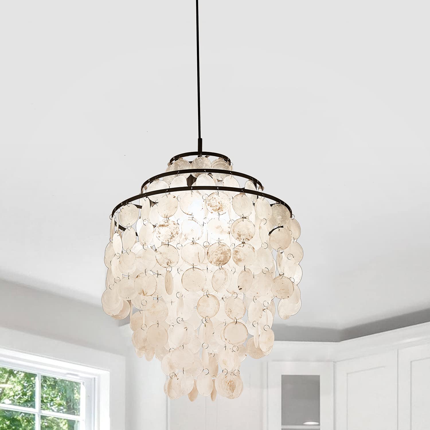 Poserion 3-Light Natural capiz Shells Round chandelier Modern Beach Theme Pendant Lamp ceiling Hanging Fixture for Dining Room D