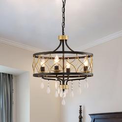 Poserion Modern 4-Light crystal Drum chandelier Pendant Lamp Black gold Metal Lighting Fixture with crystal Drops for Dining Roo