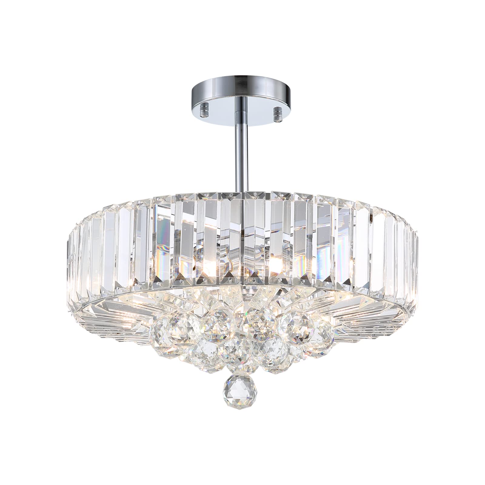 Siljoy Modern crystal chandelier chrome, Siljoy 5-Light Semi Flush Mount Round LED ceiling Light K9 Raindrop Pendant Light Fixture for