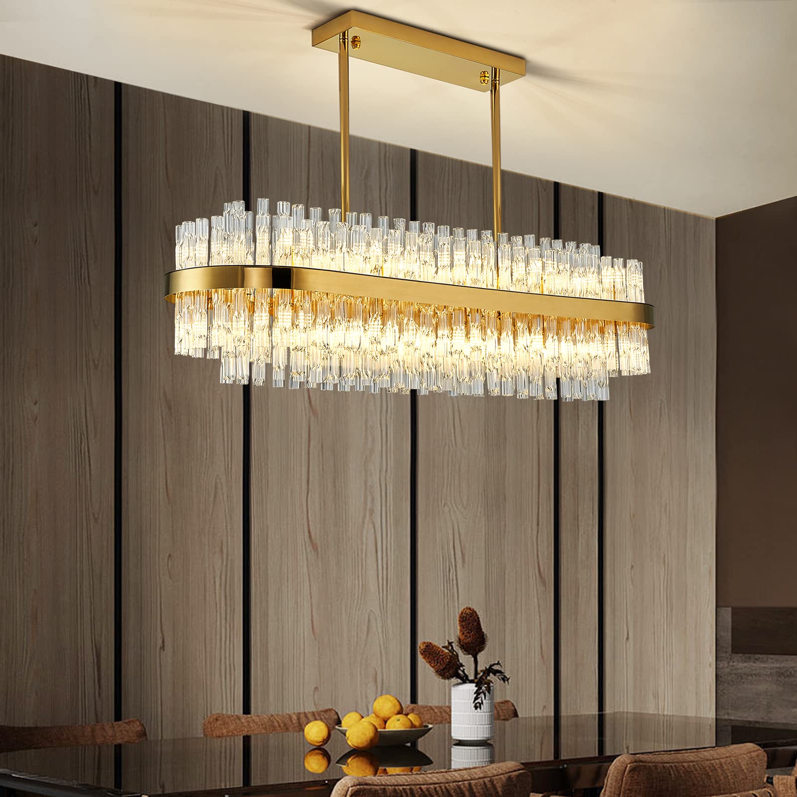 Siljoy 41 Inch Modern crystal chandeliers, gold Rectangle crystal ceiling Light Fixture with Wave glass Rods, 3-color Dimmable R