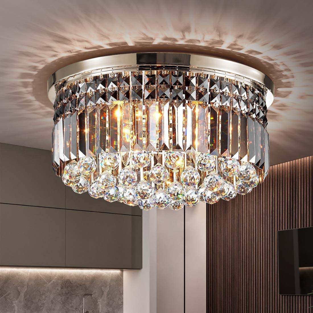 TZOE crystal chandelier, Modern chandeliers,Flush Mount chandelier,ceiling Light Fixture,for Kitchen Foyer Dining Room Bathroom