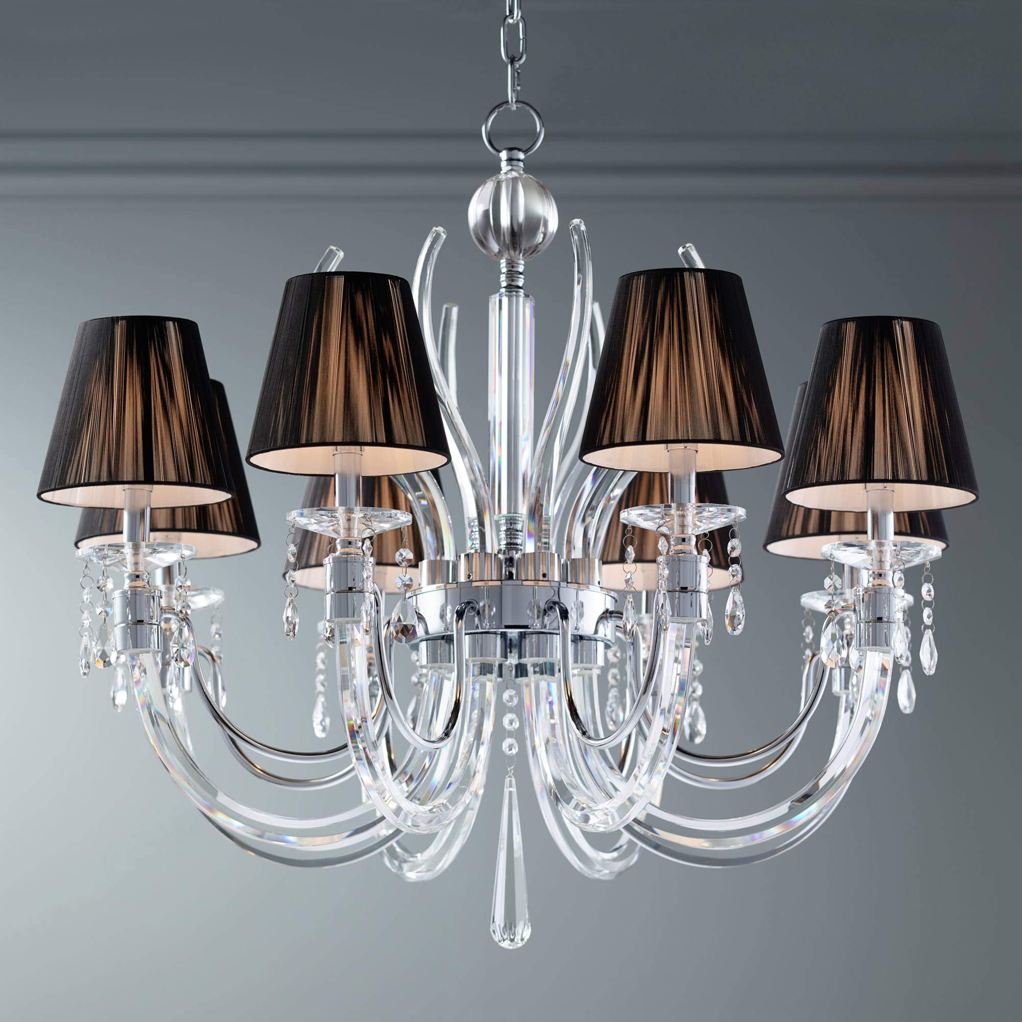Vienna Full Spectrum Derry Street chrome Large chandelier 32 Wide crystal Arm Black Silk Shades 8-Light Fixture for Dining Room House Foyer Entryway