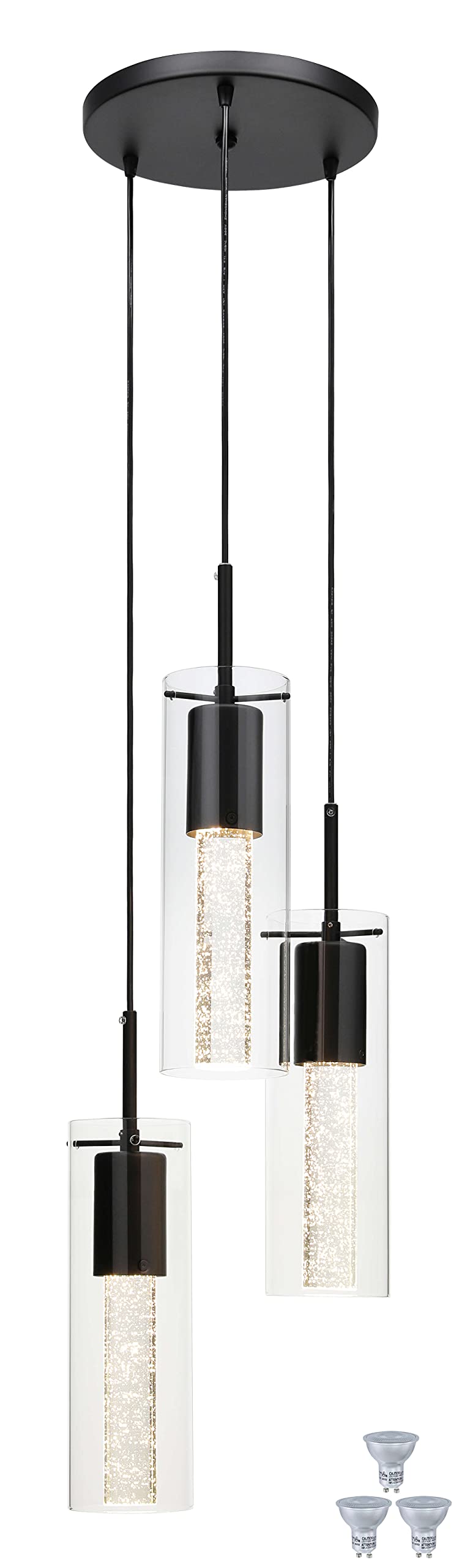 XiNBEi Lighting Pendant Light, Modern 3 Light cluster Kitchen Island Pendant Lighting with LED Bulb & Bubble crystal, Matte Blac