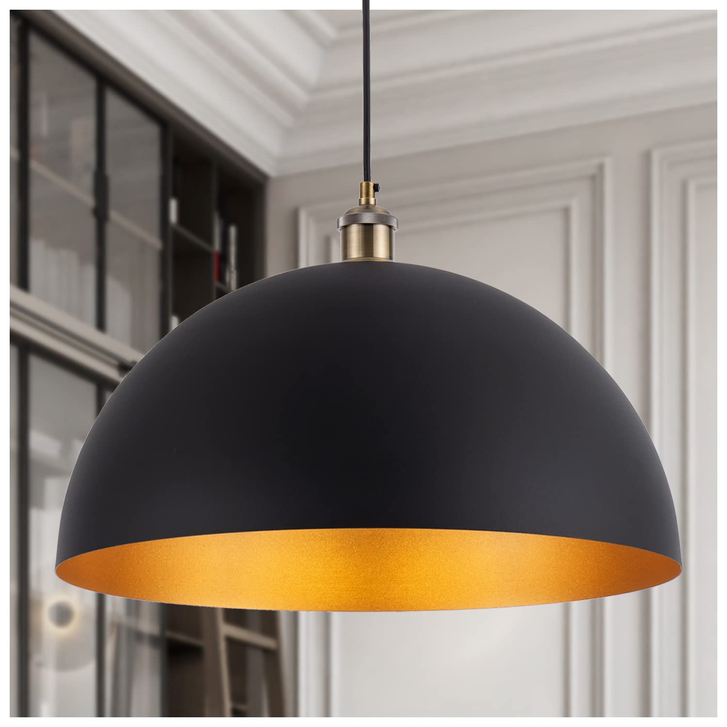 YHANFENgcY Vintage Pendant Light 1772AA Farmhouse Pendant Lights Industrial Large Dome chandelier Black and gold Finish Lighting Fixture Wi
